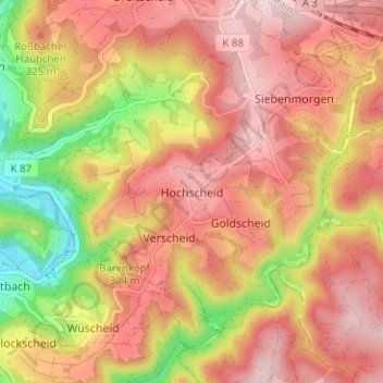 Mappa topografica Hochscheid, altitudine, rilievo