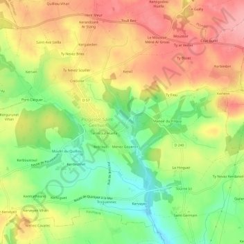 Mappa topografica Pont Guen, altitudine, rilievo