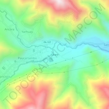 Mappa topografica Cacara, altitudine, rilievo