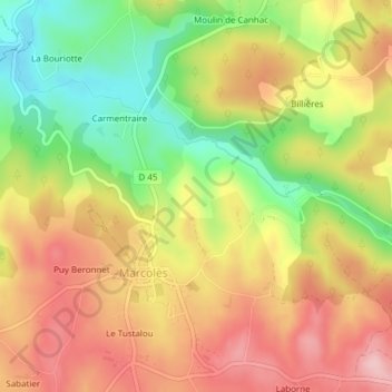 Mappa topografica Puech Long, altitudine, rilievo