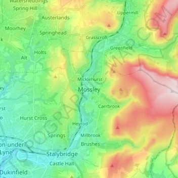 Mappa topografica Mossley, altitudine, rilievo