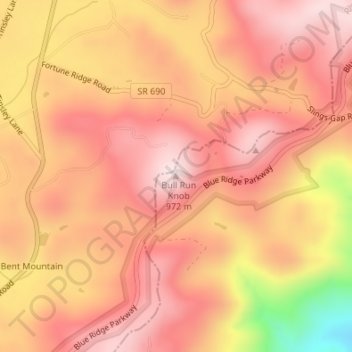 Mappa topografica Bent Mountain, altitudine, rilievo