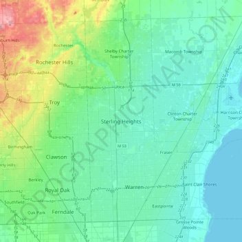Mappa topografica Sterling Heights, altitudine, rilievo