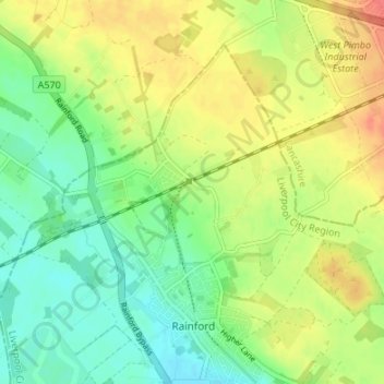 Mappa topografica Rainford Junction, altitudine, rilievo
