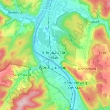 Mappa topografica Erlenbach am Main, altitudine, rilievo