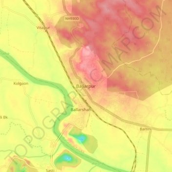 Mappa topografica Ballarpur, altitudine, rilievo