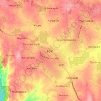 Mappa topografica Jigani, altitudine, rilievo