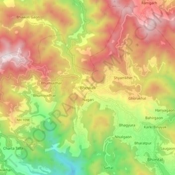 Mappa topografica Bhowali, altitudine, rilievo