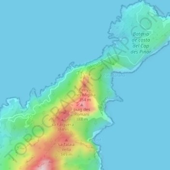 Mappa topografica Penya des Migdia, altitudine, rilievo