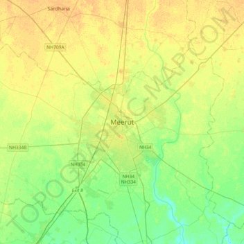 Mappa topografica Meerut, altitudine, rilievo