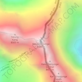 Mappa topografica Kangchenjunga, altitudine, rilievo