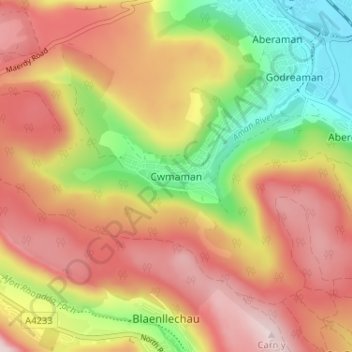 Mappa topografica Cwmaman, altitudine, rilievo