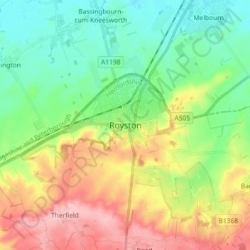 Mappa topografica Royston, altitudine, rilievo