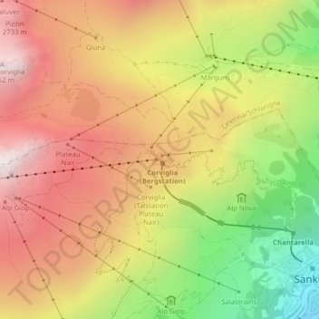 Mappa topografica Corviglia, altitudine, rilievo