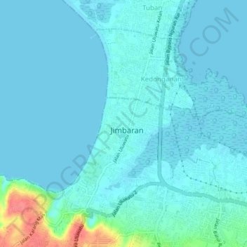 Mappa topografica Jimbaran, altitudine, rilievo