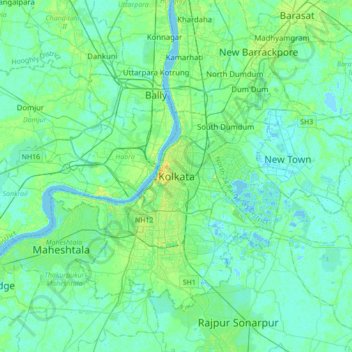 Mappa topografica Kalkutta, altitudine, rilievo
