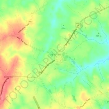 Mappa topografica Fork Union, altitudine, rilievo