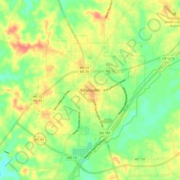 Mappa topografica Kosciusko, altitudine, rilievo