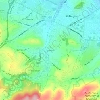 Mappa topografica Pennwyn, altitudine, rilievo