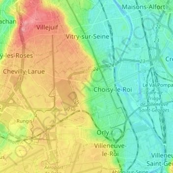 Mappa topografica Thiais, altitudine, rilievo