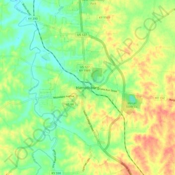 Mappa topografica Harrodsburg, altitudine, rilievo
