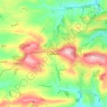 Mappa topografica Cadbury, altitudine, rilievo