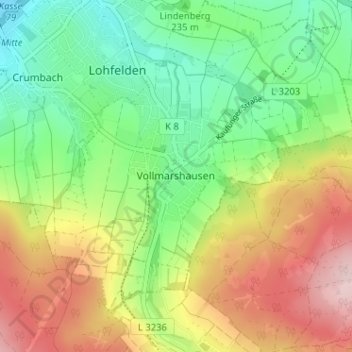 Mappa topografica Vollmarshausen, altitudine, rilievo