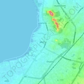 Mappa topografica Chon Buri, altitudine, rilievo