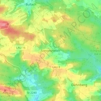 Mappa topografica Simonshofen, altitudine, rilievo
