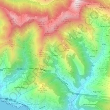 Mappa topografica Teriasca, altitudine, rilievo