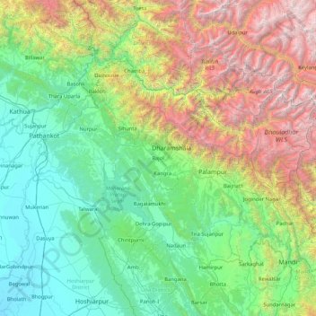 Mappa topografica Kangra, altitudine, rilievo