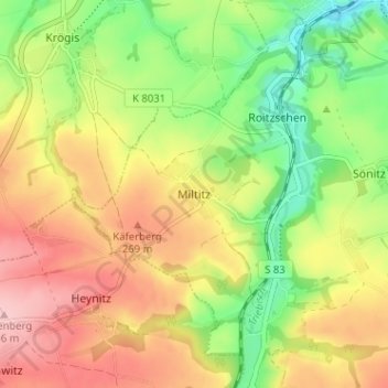 Mappa topografica Miltitz, altitudine, rilievo