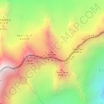 Mappa topografica Mount Haast, altitudine, rilievo