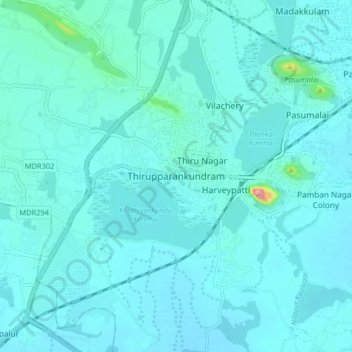 Mappa topografica Thirupparankundram, altitudine, rilievo