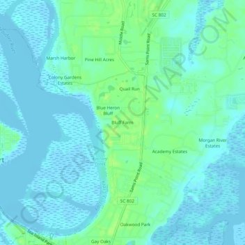 Mappa topografica Bluff Farm, altitudine, rilievo