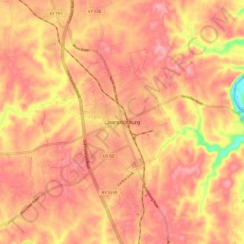 Mappa topografica Lawrenceburg, altitudine, rilievo