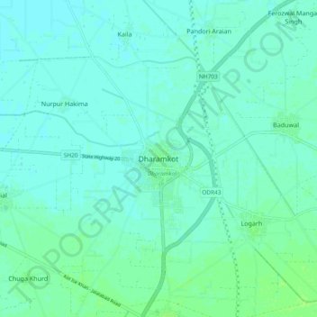 Mappa topografica Dharamkot, altitudine, rilievo