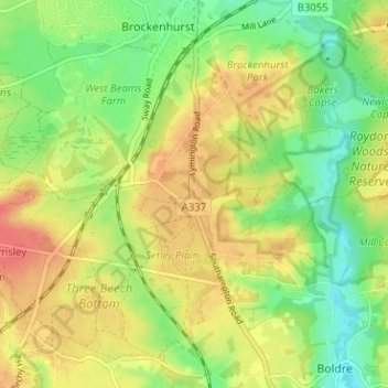 Mappa topografica Setley, altitudine, rilievo
