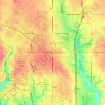 Mappa topografica Ankeny, altitudine, rilievo