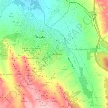Mappa topografica Cerros de Medina, altitudine, rilievo
