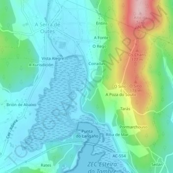 Mappa topografica outes, altitudine, rilievo