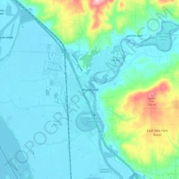 Mappa topografica Woodland, altitudine, rilievo