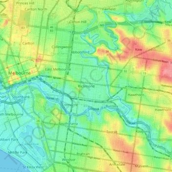 Mappa topografica Richmond, altitudine, rilievo