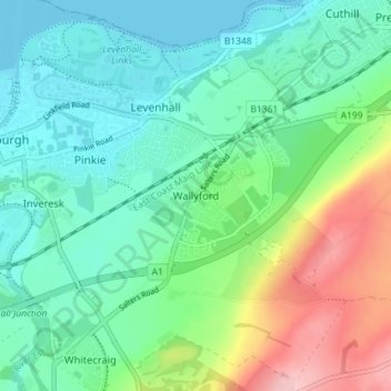 Mappa topografica Wallyford, altitudine, rilievo