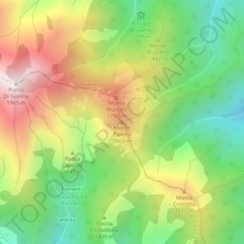 Mappa topografica Monte Paletto, altitudine, rilievo