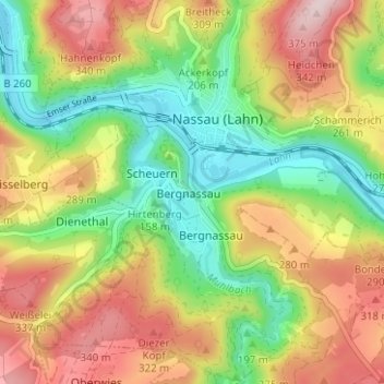 Mappa topografica Bergnassau-Scheuern, altitudine, rilievo