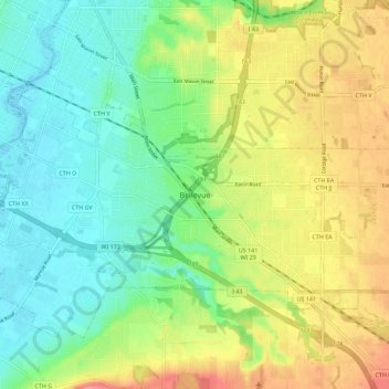 Mappa topografica Bellevue, altitudine, rilievo