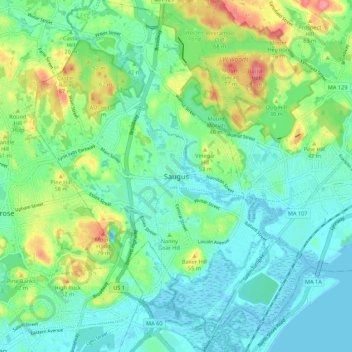 Mappa topografica Saugus, altitudine, rilievo
