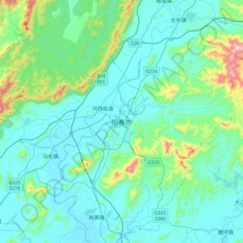 Mappa topografica 阳春市, altitudine, rilievo