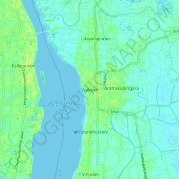 Mappa topografica Vaikom, altitudine, rilievo